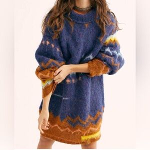 Free People SHIMMERING CLIFFS Blue Alpaca Sweater Tunic Top / Dress Size M